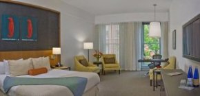 The hotel's red penguin icon is ubiquitous.